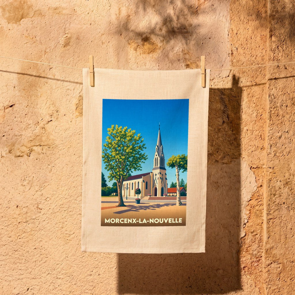 Torchon souvenir de la ville de Morcenx-la-Nouvelle avec une illustration stylisée de son église.