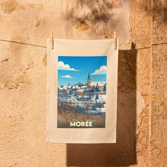 Torchon souvenir de la ville de Morée avec une illustration hivernale stylisée.