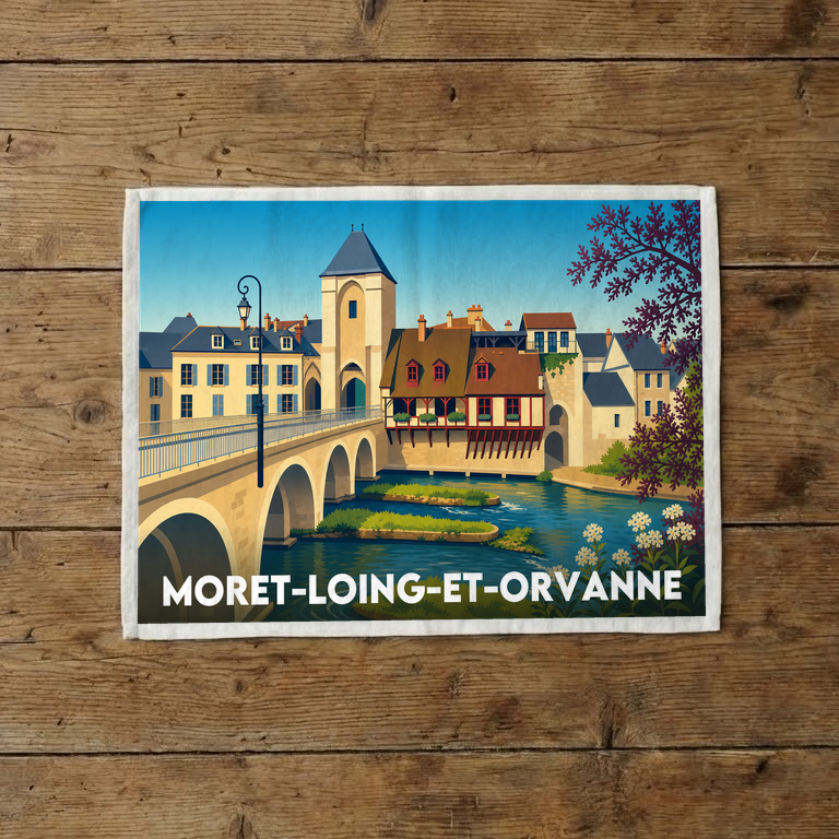 Torchon souvenir de Moret-Loing-et-Orvanne avec une illustration stylisée du vieux pont et de la rivière.