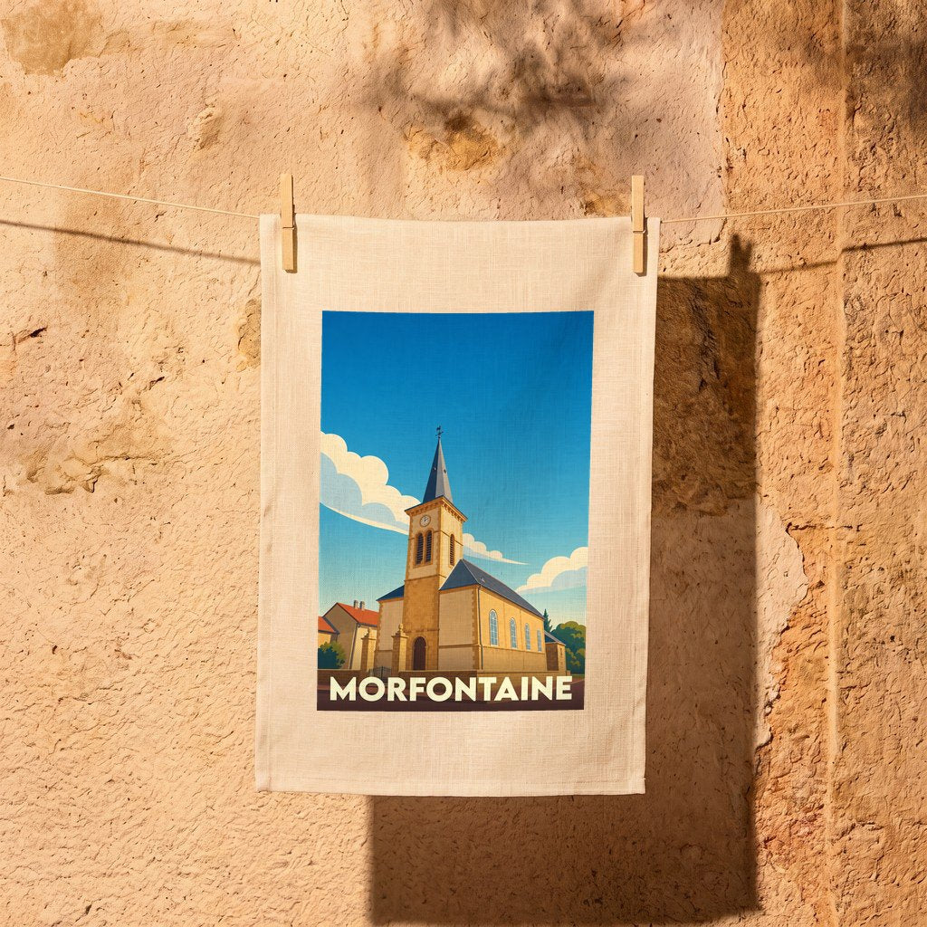 Torchon souvenir de la ville de Morfontaine avec une illustration stylisée de son église.