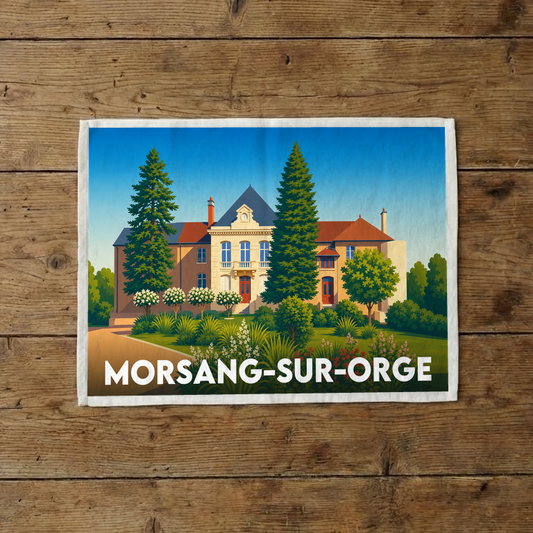 Torchon souvenir de la ville de Morsang-sur-Orge avec une illustration stylisée de son château.