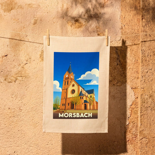 Torchon souvenir de la ville de Morsbach avec une illustration stylisée de son église.