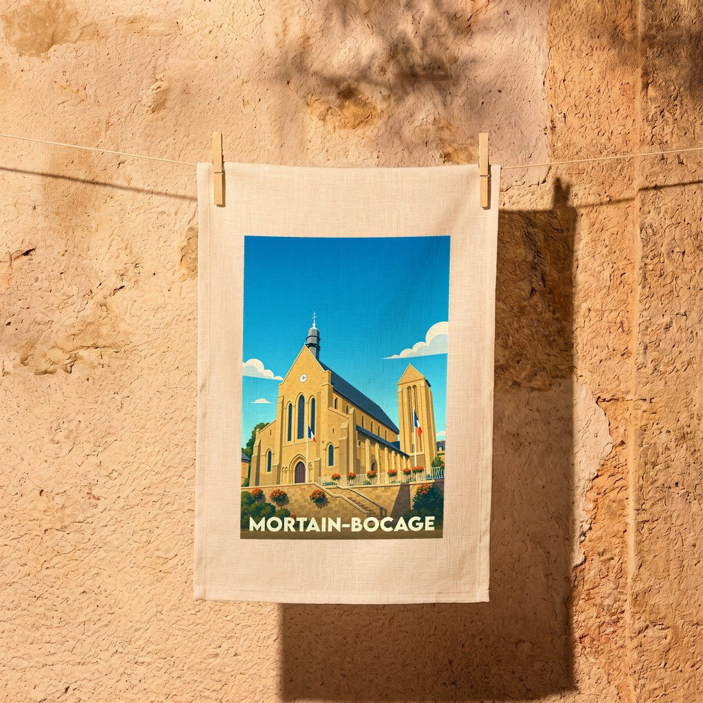 Torchon souvenir de la ville de Mortain-Bocage avec une illustration stylisée de son église.