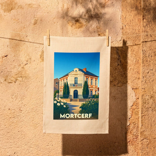 Torchon souvenir de la ville de Mortcerf orné d'une illustration stylisée de son hôtel de ville.