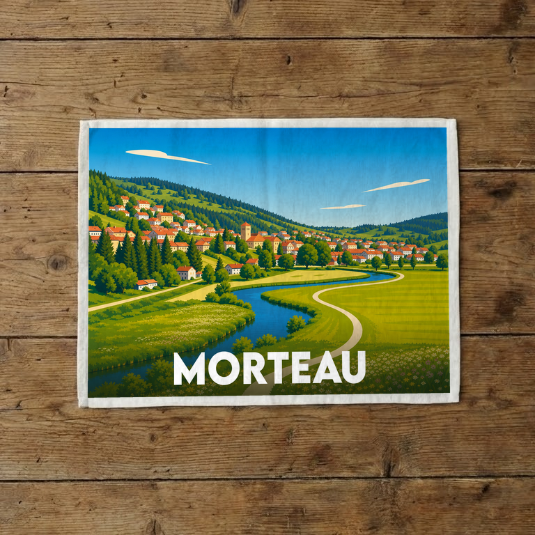 Torchon souvenir de la ville de Morteau orné d'une illustration stylisée de ses paysages et de son village.