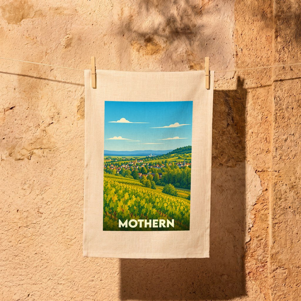 Torchon souvenir de la ville de Mothern avec une illustration stylisée de ses paysages vallonnés.