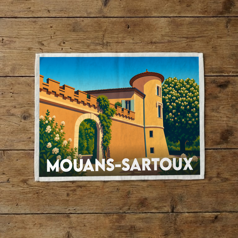 Torchon souvenir de la ville de Mouans-Sartoux avec une illustration stylisée de son château.