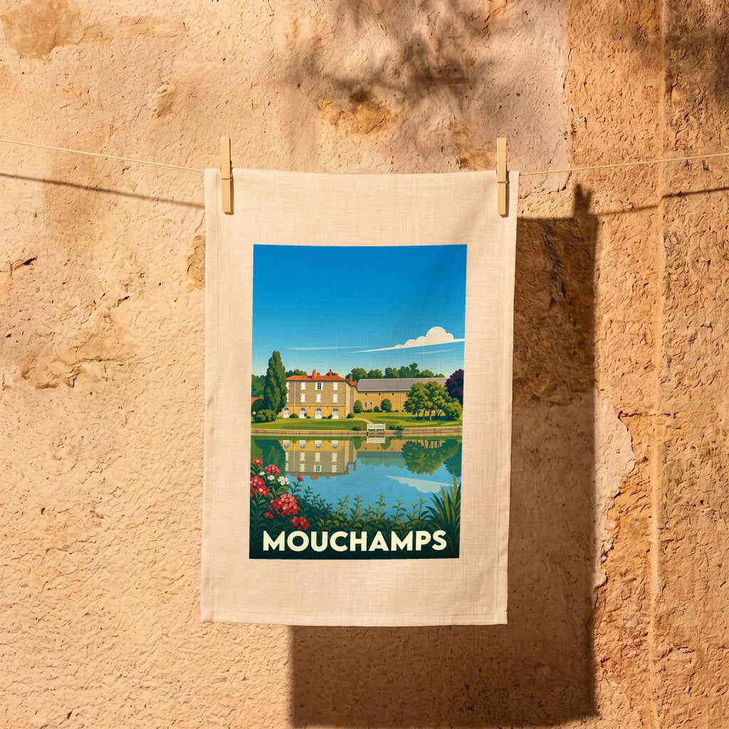 Torchon souvenir de la ville de Mouchamps illustré d'un paysage champêtre au bord de l'eau.