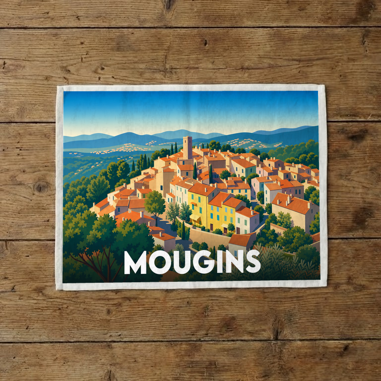 Torchon souvenir de la ville de Mougins avec une illustration colorée du village.