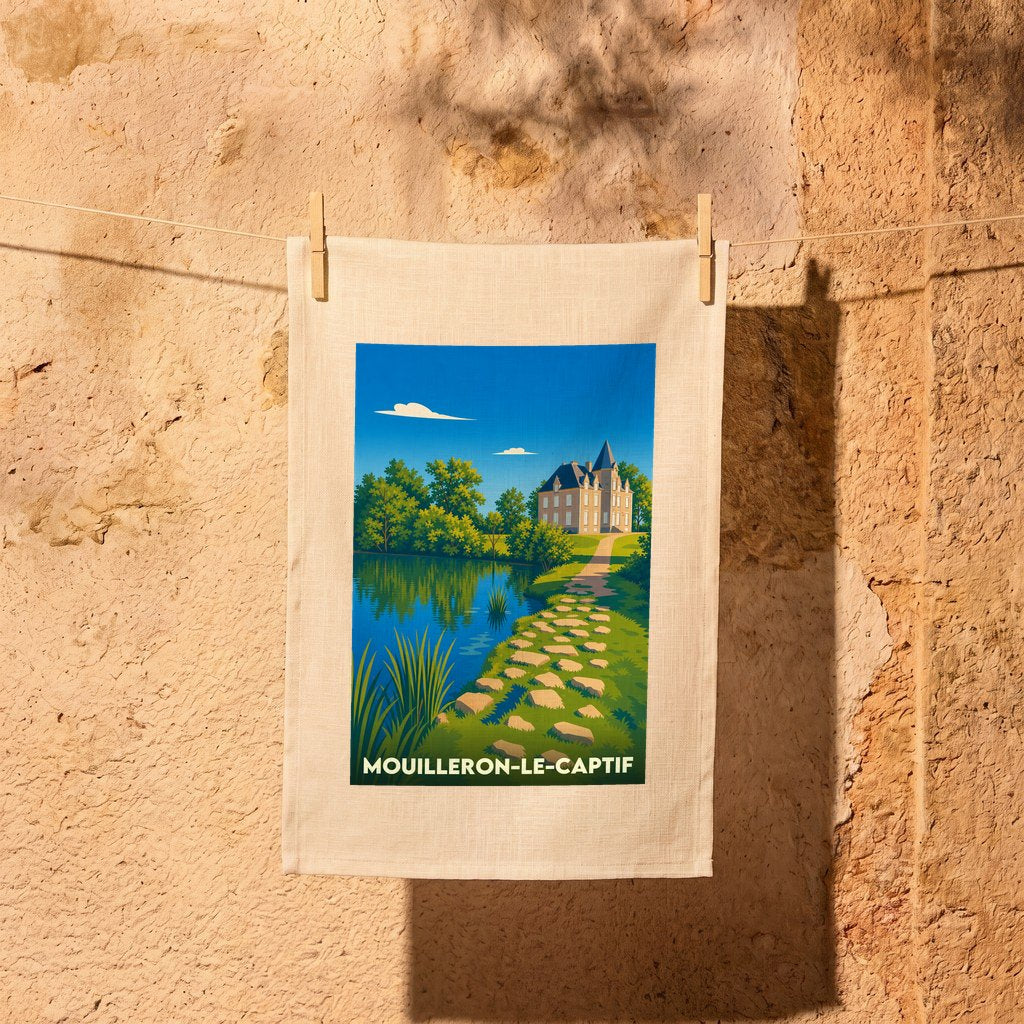 Torchon souvenir de la ville de Mouilleron-le-Captif avec une illustration stylisée d'un château au bord de l'eau.