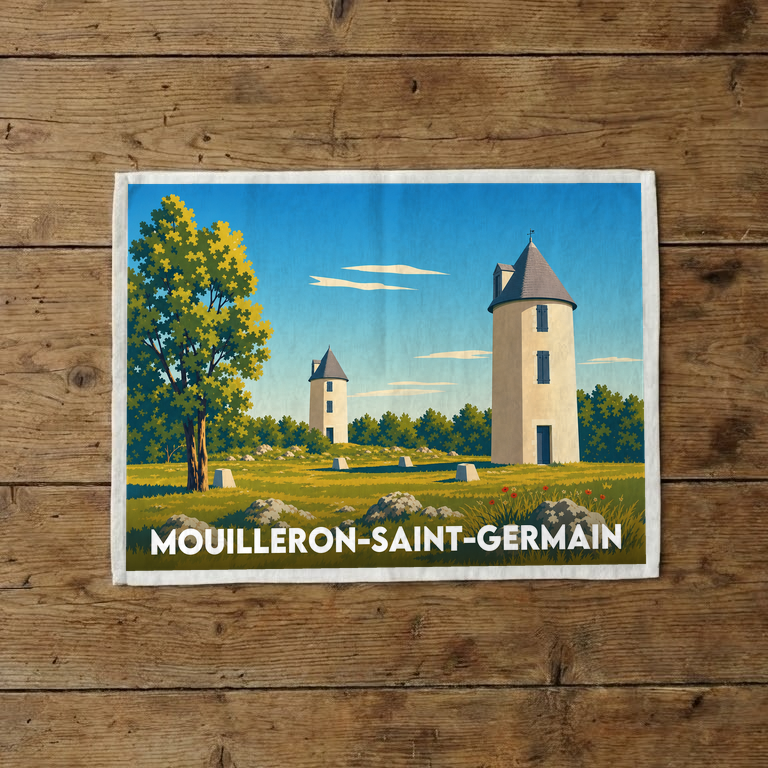 Torchon souvenir de la ville de Mouilleron-Saint-Germain avec une illustration stylisée représentant des tours dans un paysage champêtre.