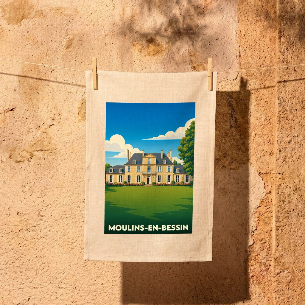 Torchon souvenir de la ville de Moulins-en-Bessin avec une illustration stylisée d'un château.