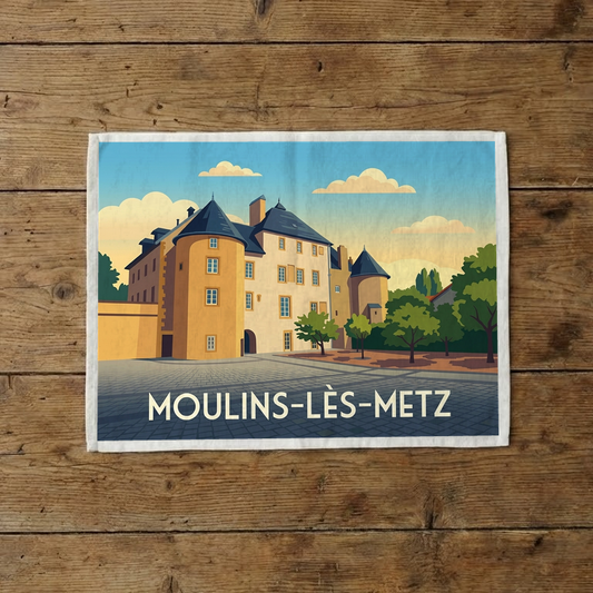 Torchon souvenir de la ville de Moulins-lès-Metz avec une illustration stylisée.