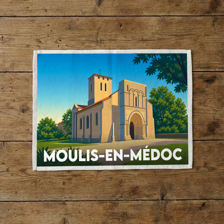 Torchon souvenir de la ville de Moulis-en-Médoc avec une illustration stylisée de son église.
