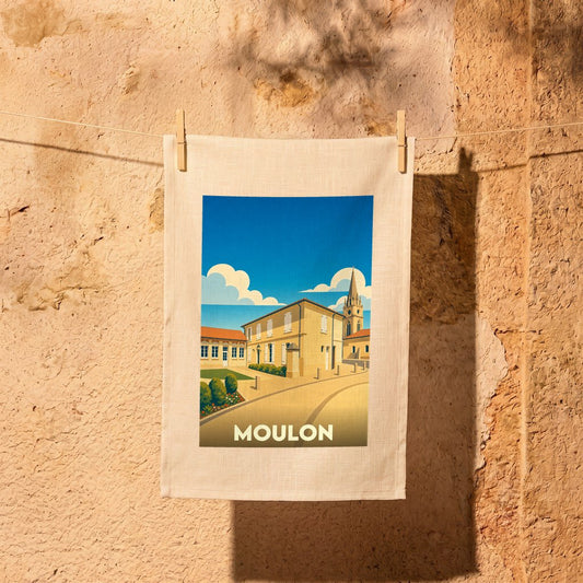 Torchon souvenir de la ville de Moulon illustré d'un paysage urbain stylisé.