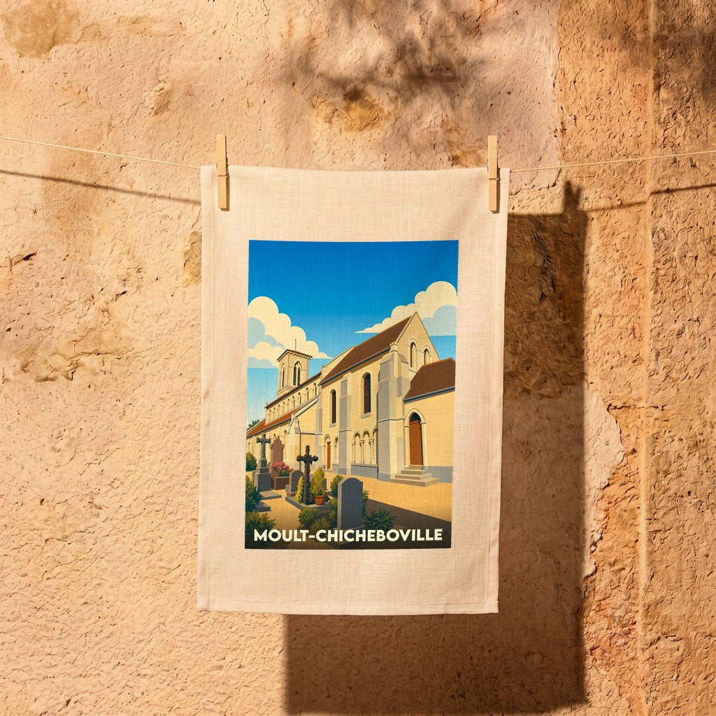Torchon souvenir de la ville de Moult-Chicheboville avec une illustration stylisée de son église et de son cimetière.