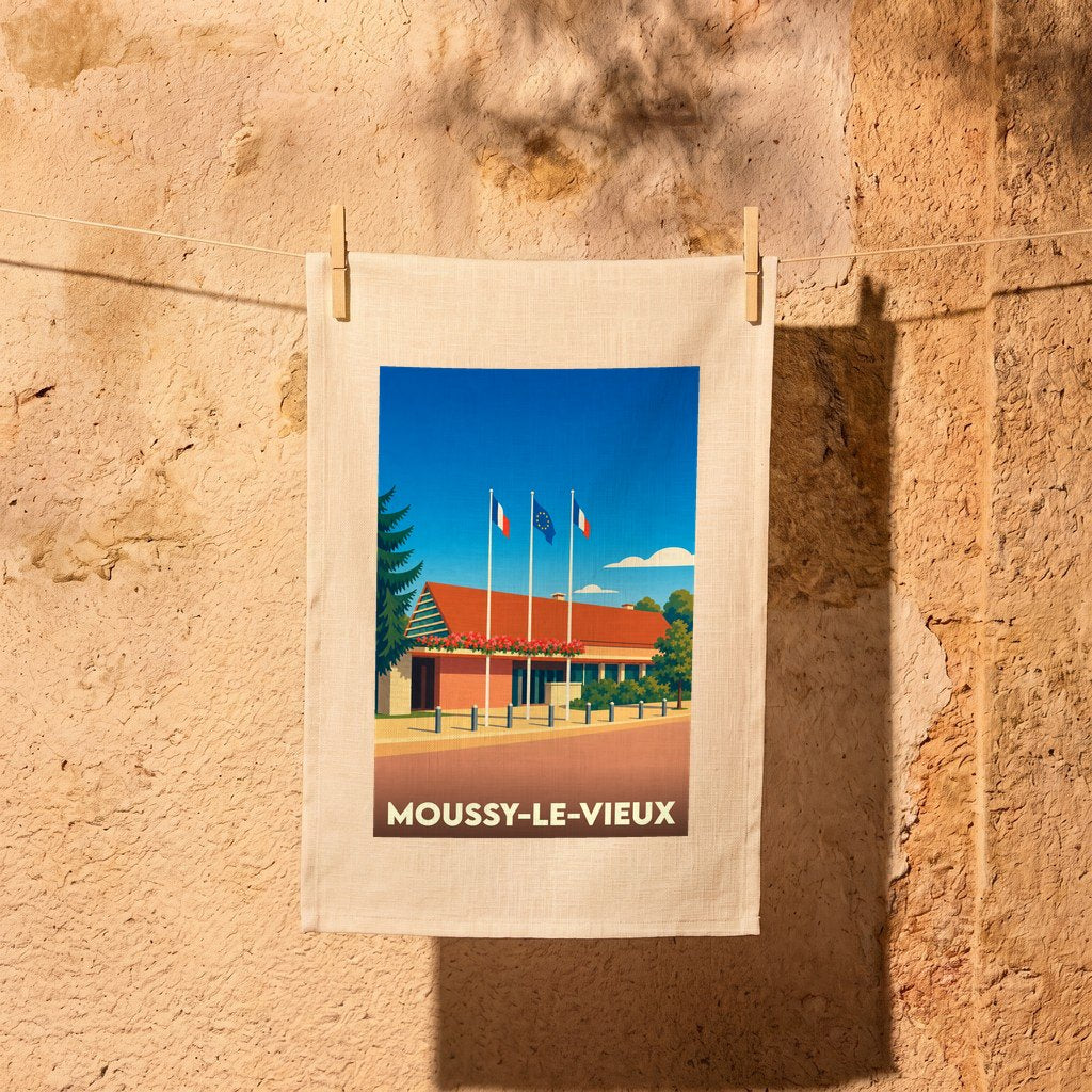 Torchon souvenir de la ville de Moussy-le-Vieux avec une illustration stylisée.