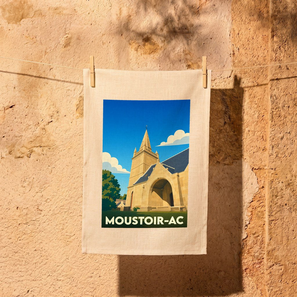 Torchon souvenir de la ville de Moustoir-Ac avec une illustration stylisée de son église.