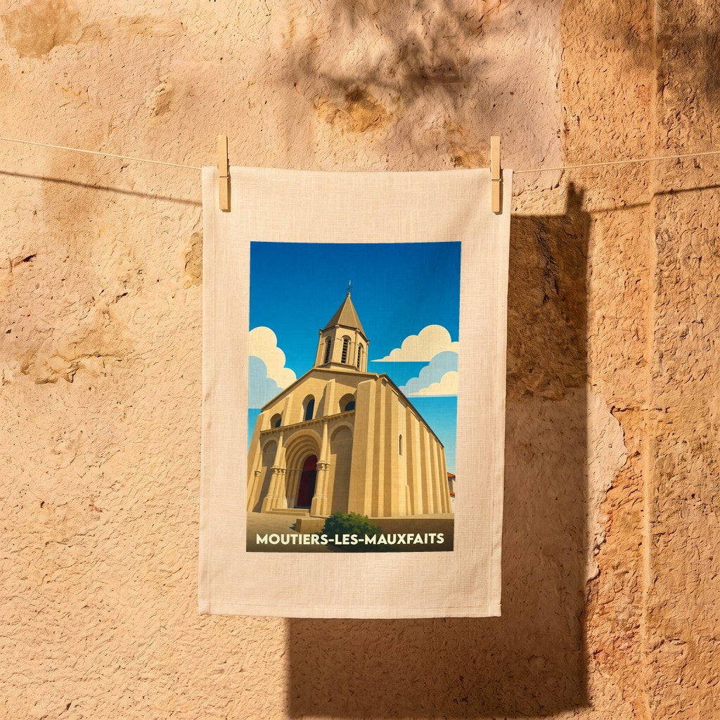 Torchon souvenir de Moutiers-les-Mauxfaits illustré d'une église stylisée sous un ciel bleu.
