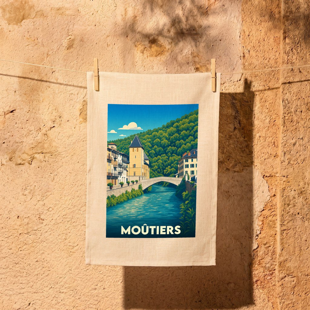 Torchon souvenir de la ville de Moûtiers arborant une illustration stylisée d'un pont enjambant une rivière.