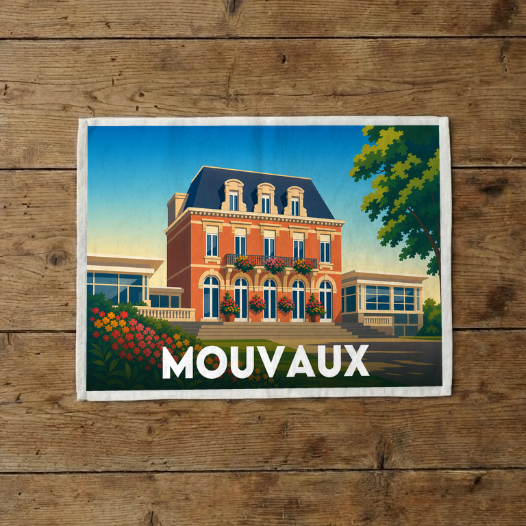 Torchon souvenir de la ville de Mouvaux avec une illustration stylisée d'une grande demeure.