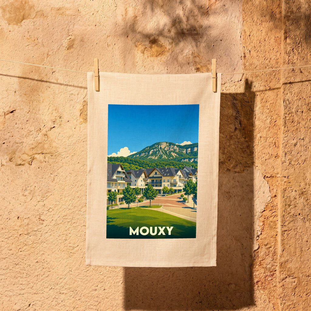 Torchon souvenir de la ville de Mouxy avec une illustration stylisée représentant un paysage de montagne et d'architecture.