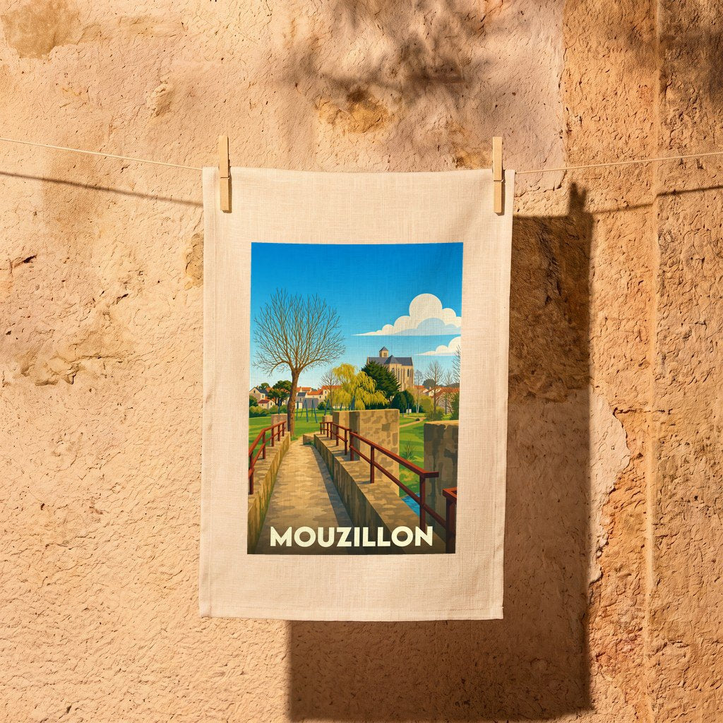 Torchon souvenir de la ville de Mouzillon avec une illustration stylisée d'un pont de pierre.