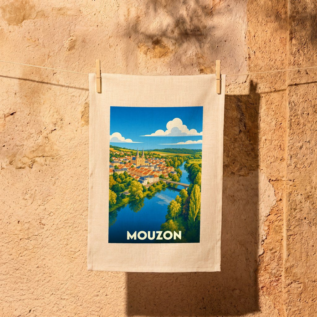 Torchon souvenir de la ville de Mouzon illustrant un paysage panoramique coloré et stylisé.