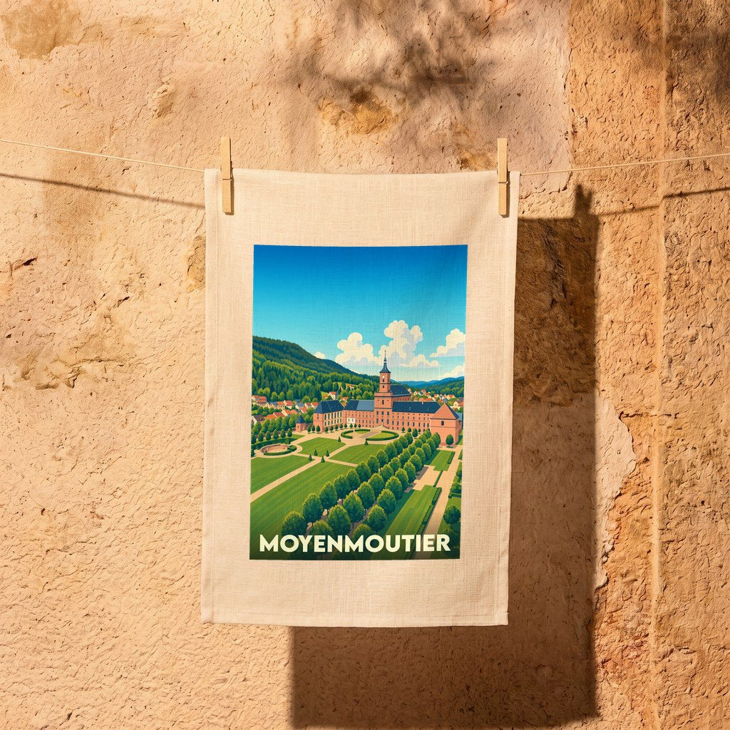 Torchon souvenir de la ville de Moyenmoutier avec une illustration stylisée de son abbaye et de ses jardins.