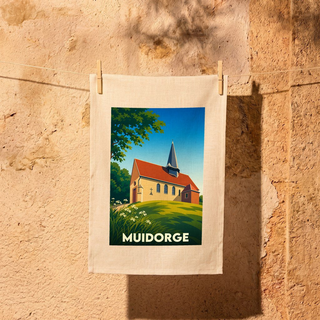 Torchon souvenir de la ville de Muidorge avec une illustration stylisée de son église.
