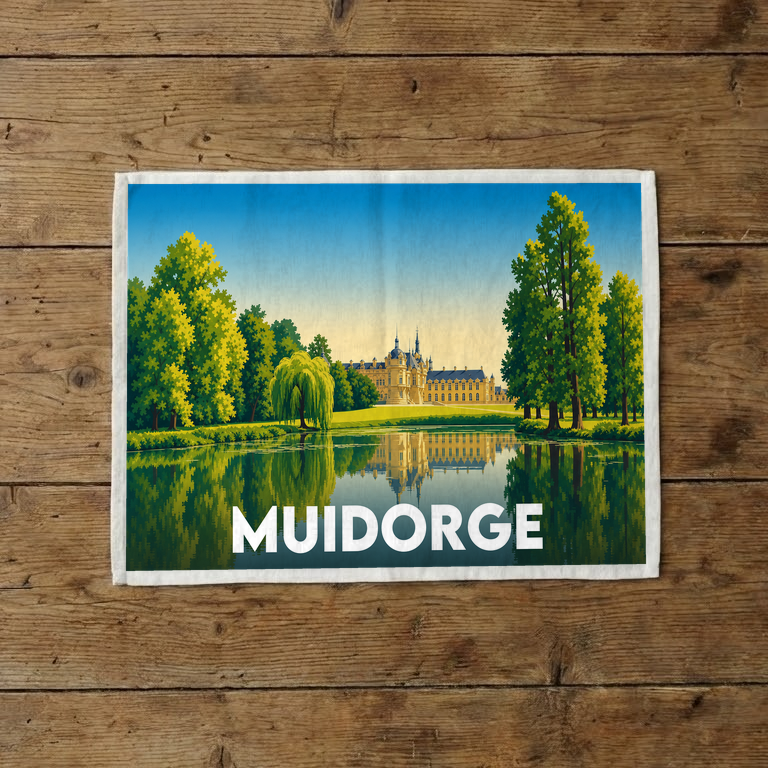 Torchon souvenir de la ville de Muidorge avec une illustration stylisée d'un château au bord de l'eau.