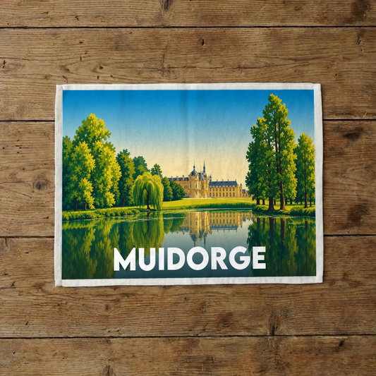 Torchon souvenir de la ville de Muidorge avec une illustration stylisée d'un château au bord de l'eau.