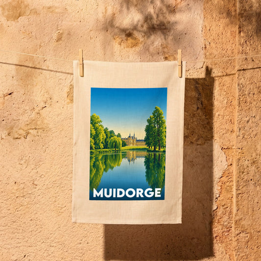 Torchon souvenir de la ville de Muidorge avec une illustration stylisée d'un château au bord de l'eau.