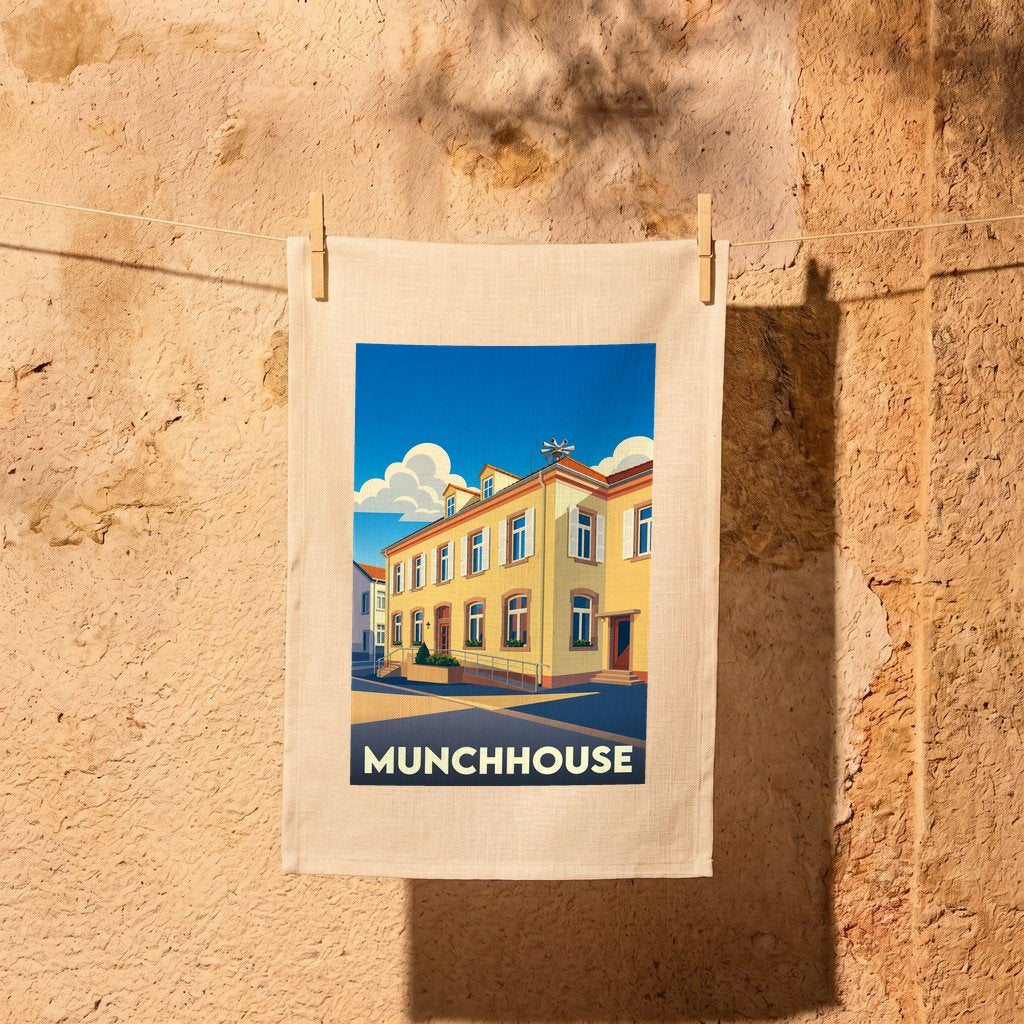 Torchon souvenir de la ville de Munchhouse avec une illustration stylisée d'un bâtiment typique.