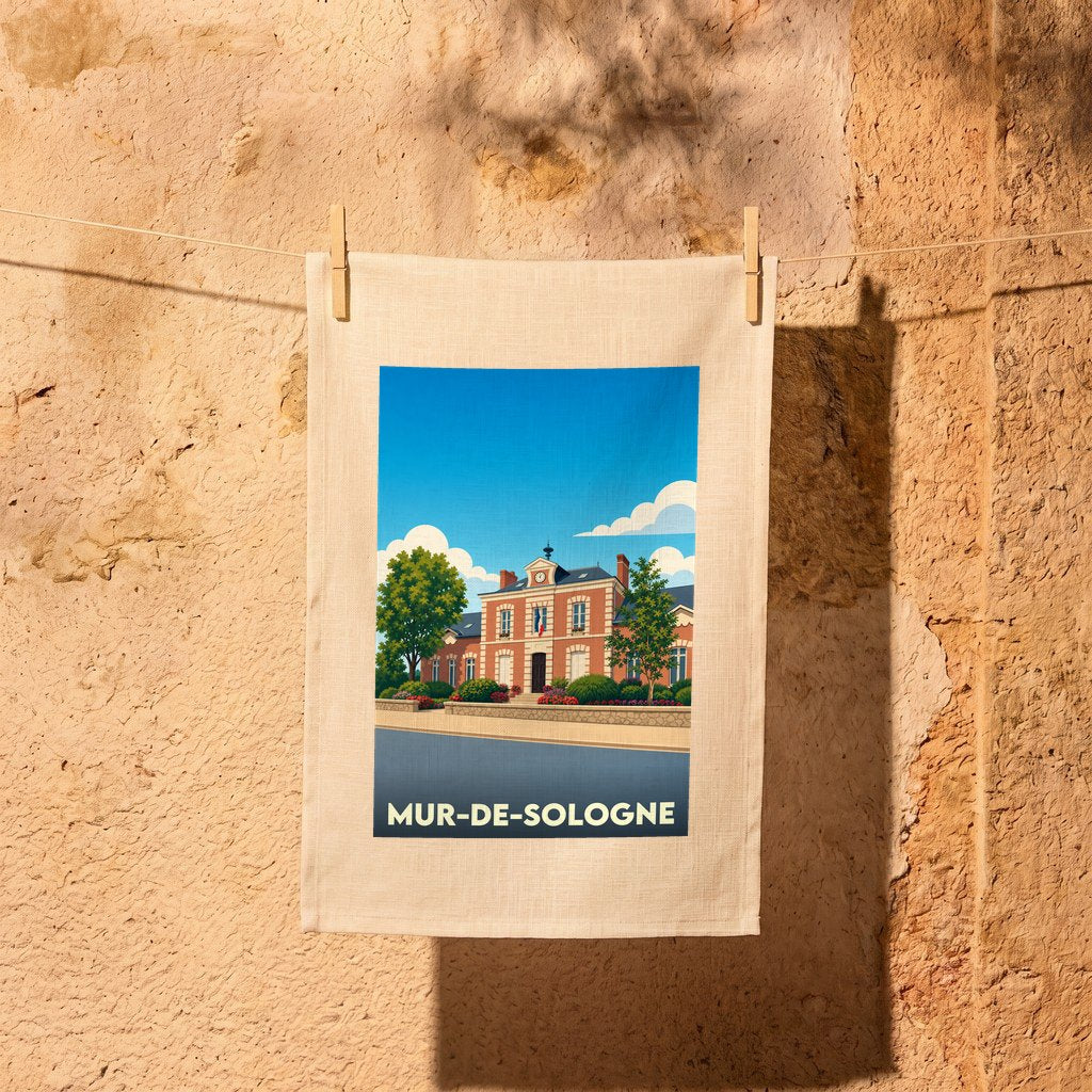 Torchon souvenir de la ville de Mur-de-Sologne avec une illustration stylisée de son hôtel de ville.