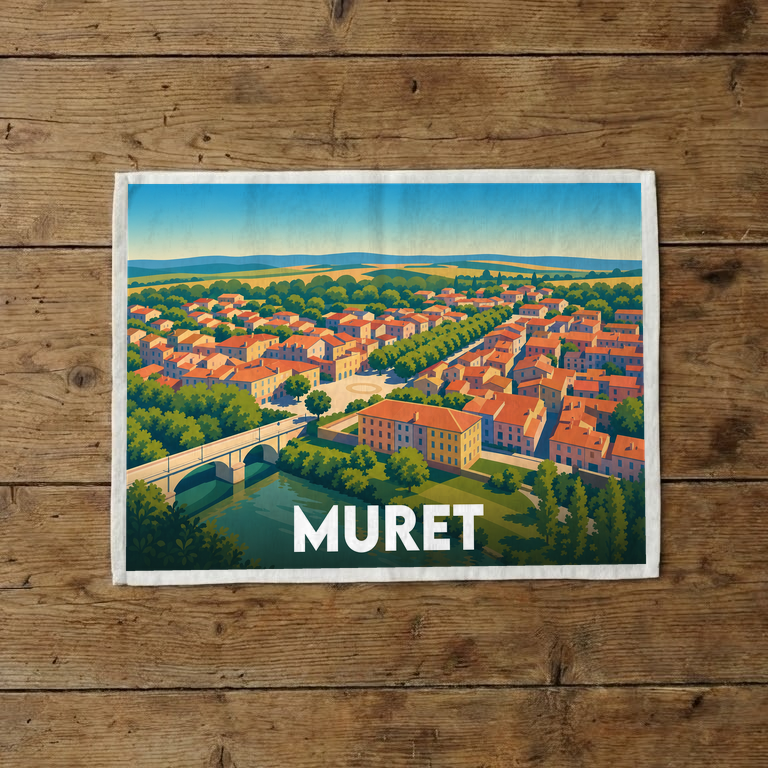 Torchon souvenir de la ville de Muret avec une illustration stylisée représentant un panorama urbain en bord de rivière.