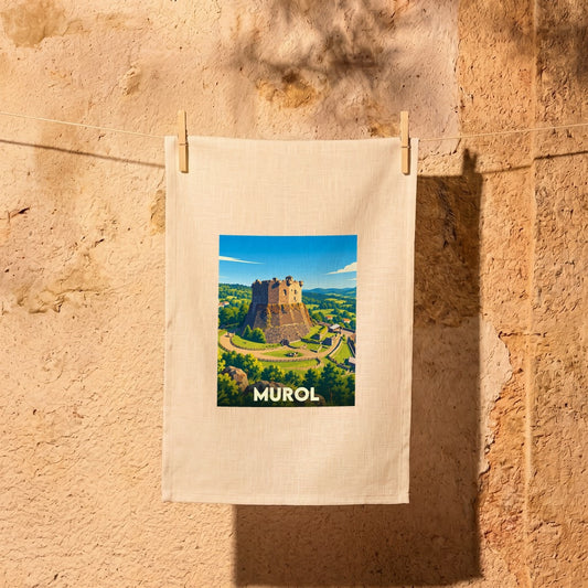 Torchon souvenir de la ville de Murol avec une illustration stylisée de son château médiéval.