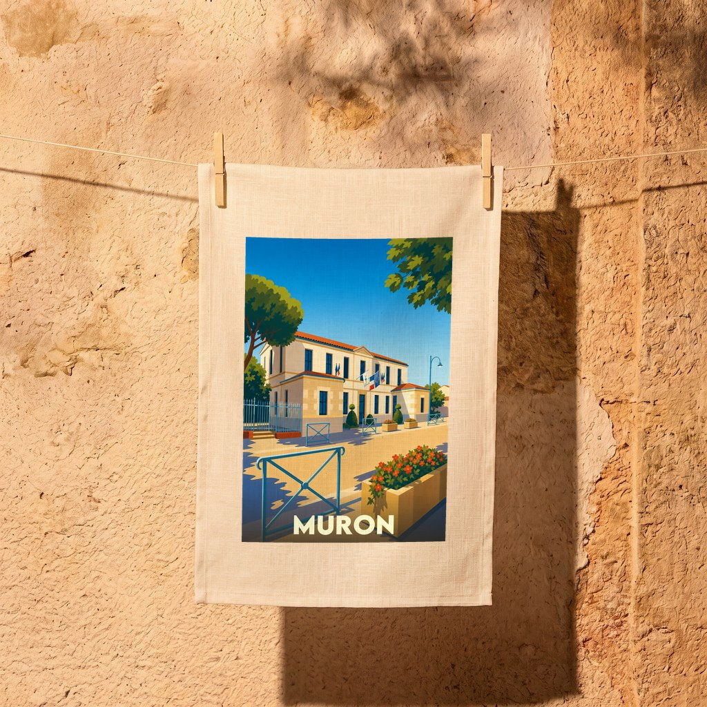 Torchon souvenir de la ville de Muron avec une illustration stylisée de sa mairie.