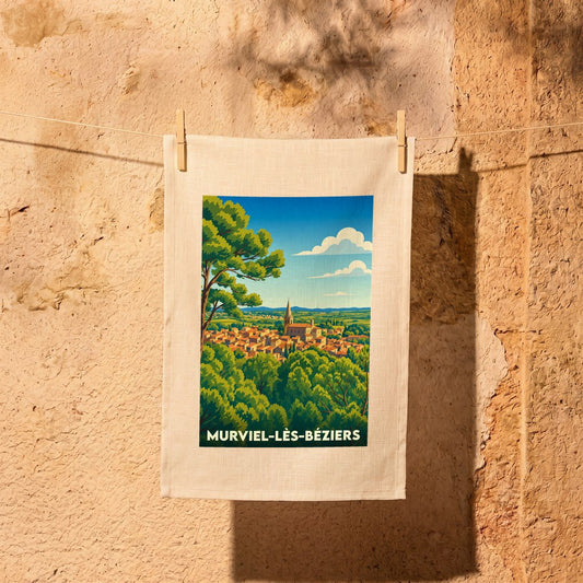 Torchon souvenir de la ville de Murviel-lès-Béziers avec une illustration de style affiche vintage.