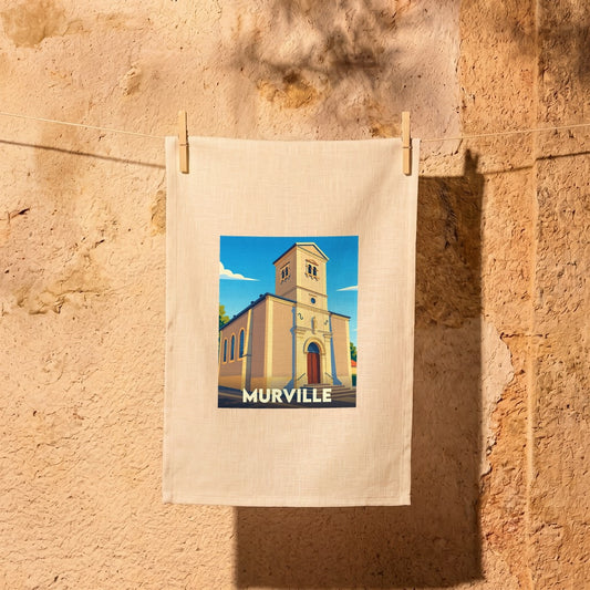 Torchon souvenir de la ville de Murville avec une illustration stylisée de son église.