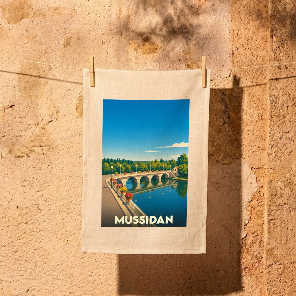 Torchon souvenir de la ville de Mussidan avec une illustration stylisée d'un pont à arcades.