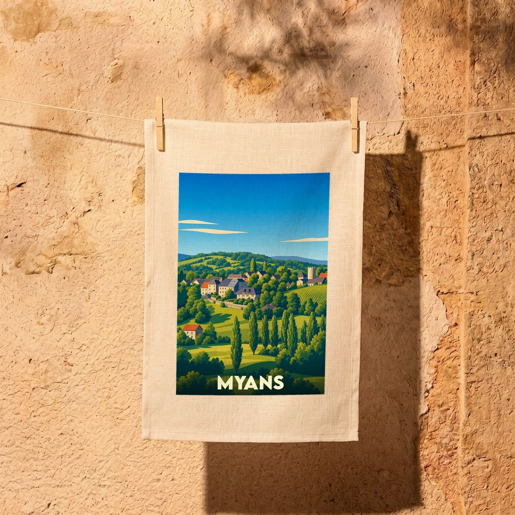 Torchon souvenir de la ville de Myans illustré d'un paysage de campagne stylisé.