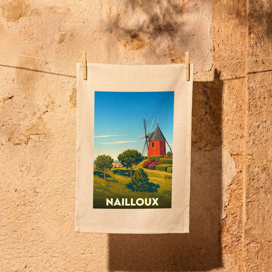 Torchon souvenir de la ville de Nailloux illustré par un moulin à vent rouge sur une colline verdoyante.