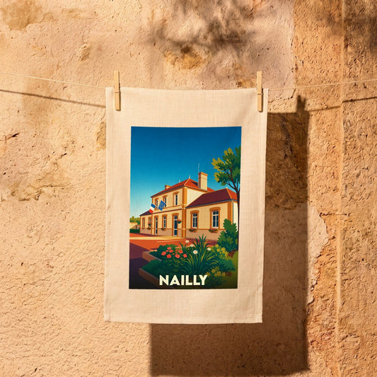 Torchon souvenir de la ville de Nailly avec une illustration stylisée de sa mairie.