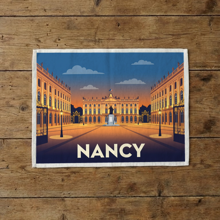 Torchon souvenir de la ville de Nancy avec une illustration stylisée de la Place Stanislas.