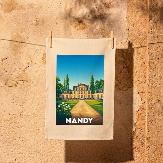 Torchon souvenir de la ville de Nandy avec une illustration stylisée de son château.