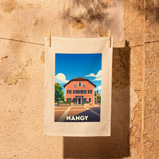 Torchon souvenir de la ville de Nangy avec une illustration stylisée d'un bâtiment typique.