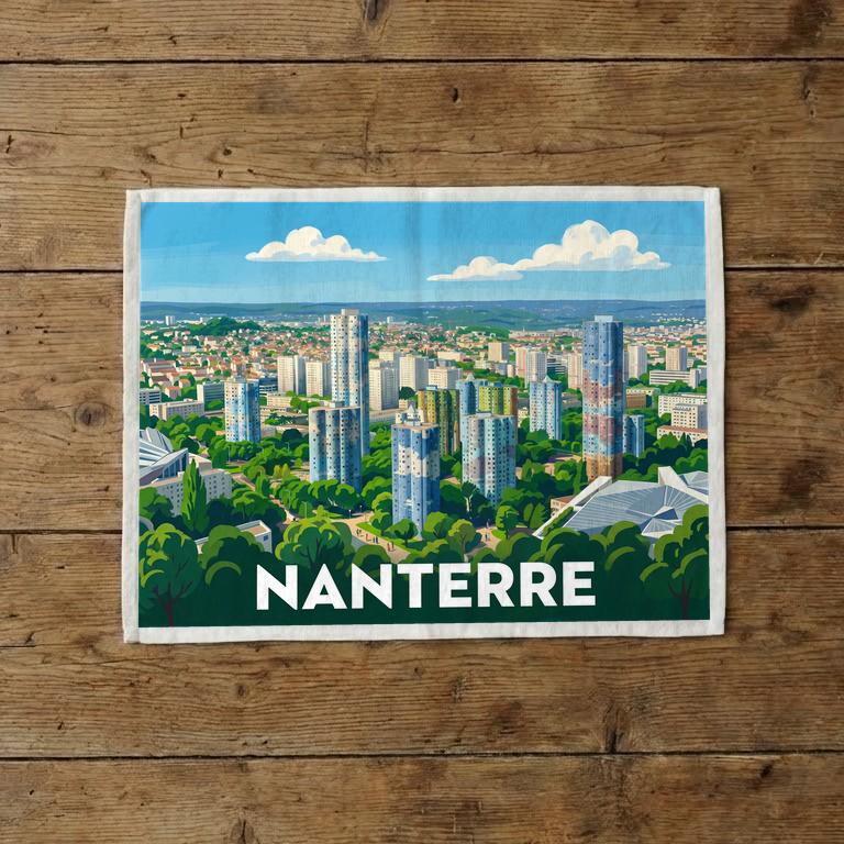 Torchon souvenir de la ville de Nanterre avec une illustration stylisée de son paysage urbain.