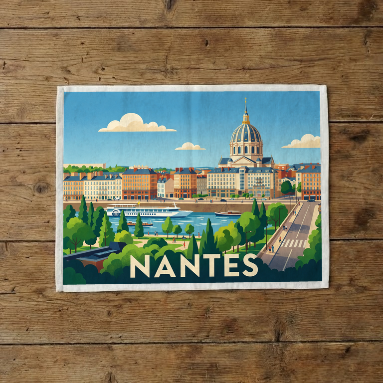 Torchon souvenir de la ville de Nantes avec une illustration stylisée de ses monuments et de ses quais.