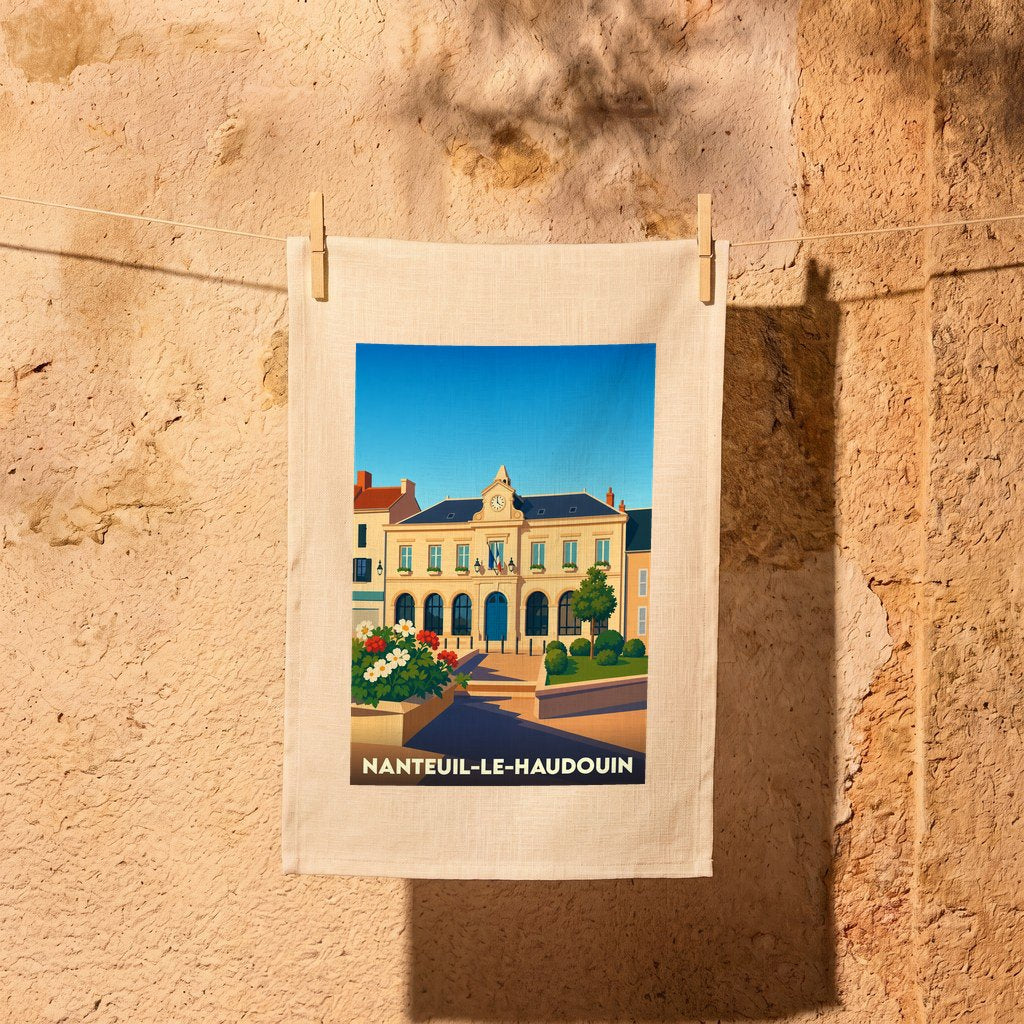 Torchon souvenir de la ville de Nanteuil-le-Haudouin avec une illustration stylisée de son hôtel de ville.